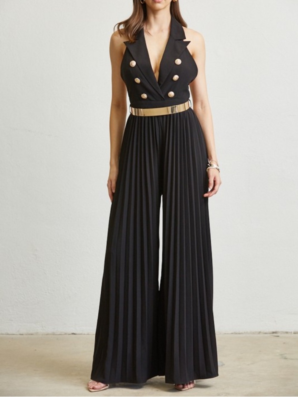 New Halter Sleeveless Black Pleated Jumpsuit with Gold Button Detail